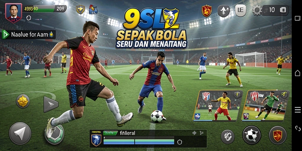 Tangkapan layar gameplay <strong>9SL</strong> menunjukkan aksi sepak bola yang penuh semangat.