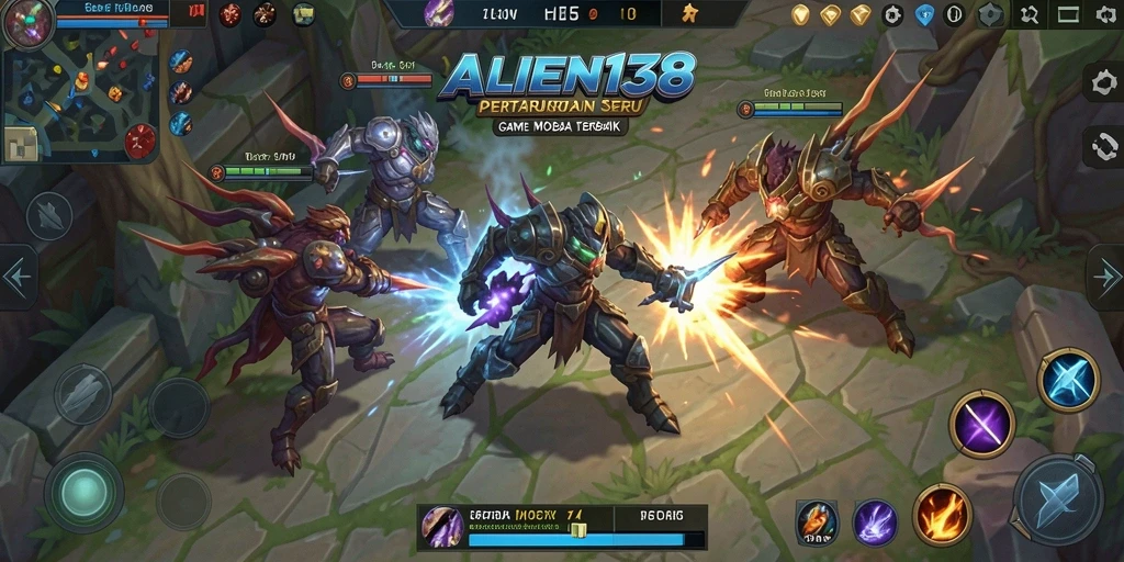 Tangkapan layar gameplay ALIEN138 dengan aksi pertarungan MOBA yang intens.