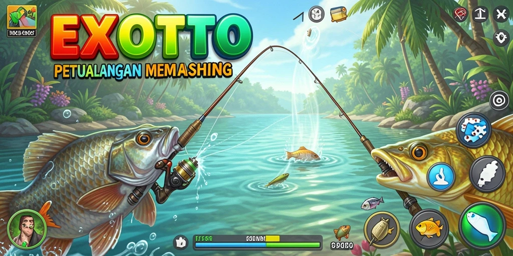 Tampilan gameplay EXOTOTO dengan adegan memancing yang seru.
