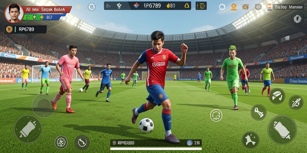 Tangkapan layar utama dari gameplay sepak bola yang mendebarkan.