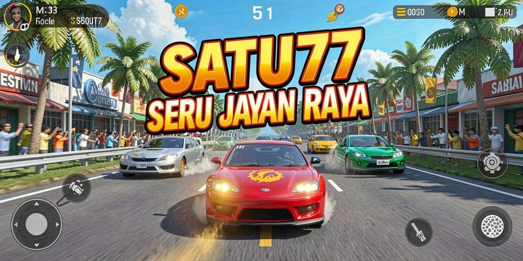 Tampilan mendebarkan dari game balapan SATU77 yang seru.